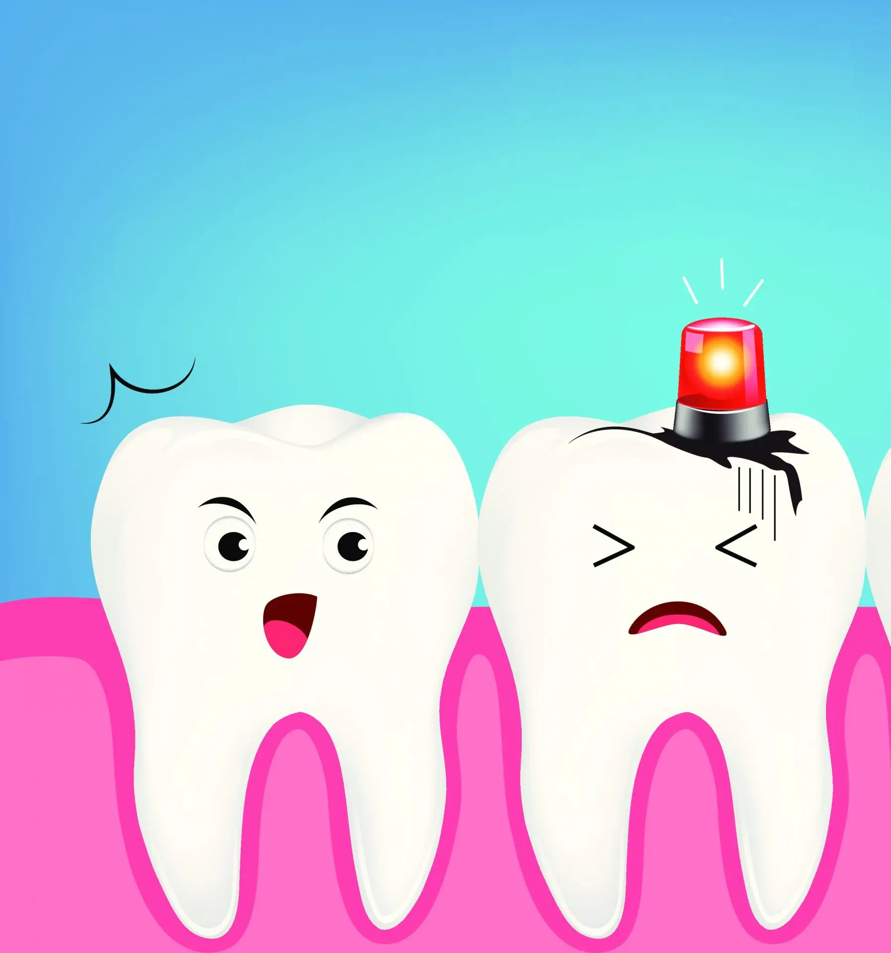 Cartoon tooth with dental emergency light on showing a crack in the tooth